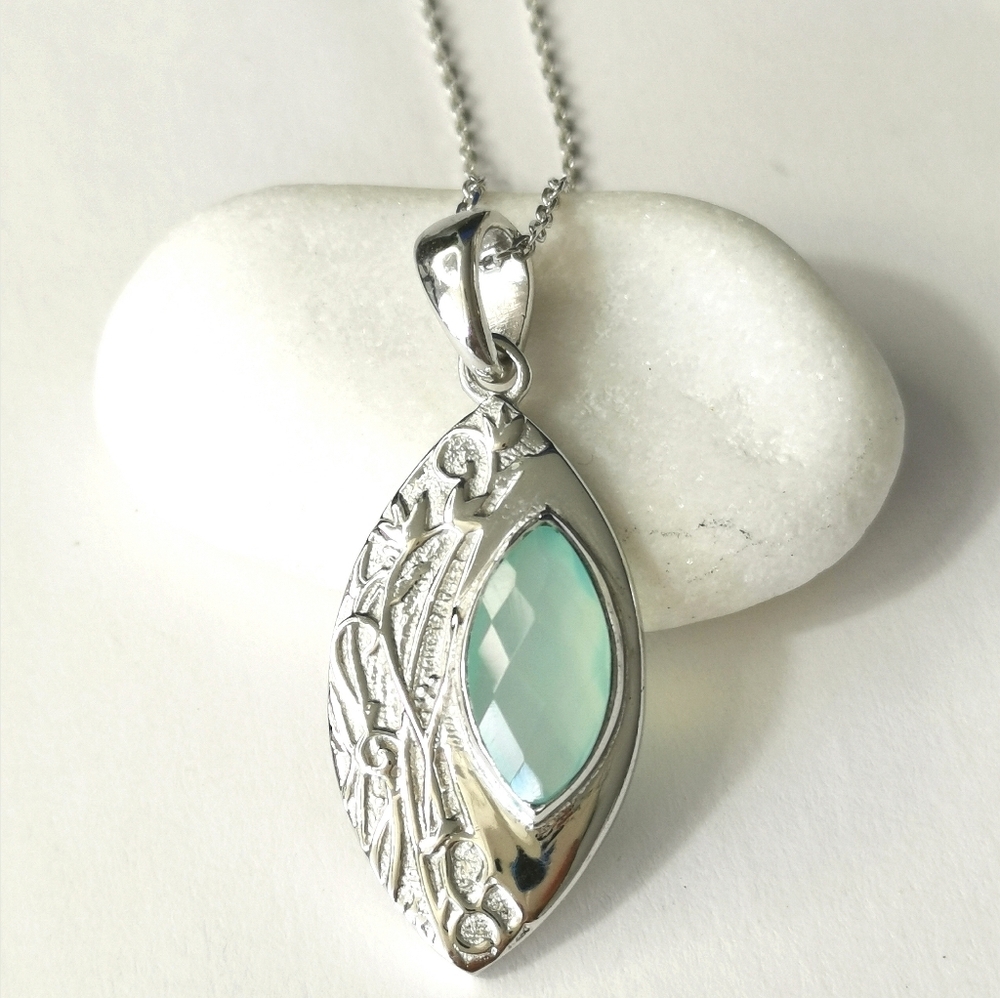 Aqua chalcedony pendant Necklace Art Nouveau Sterling Silver 🆕